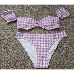 Cupshe NWT Pink White Gingham Bikini Size Medium Ruffle Top Bow Two Piece
